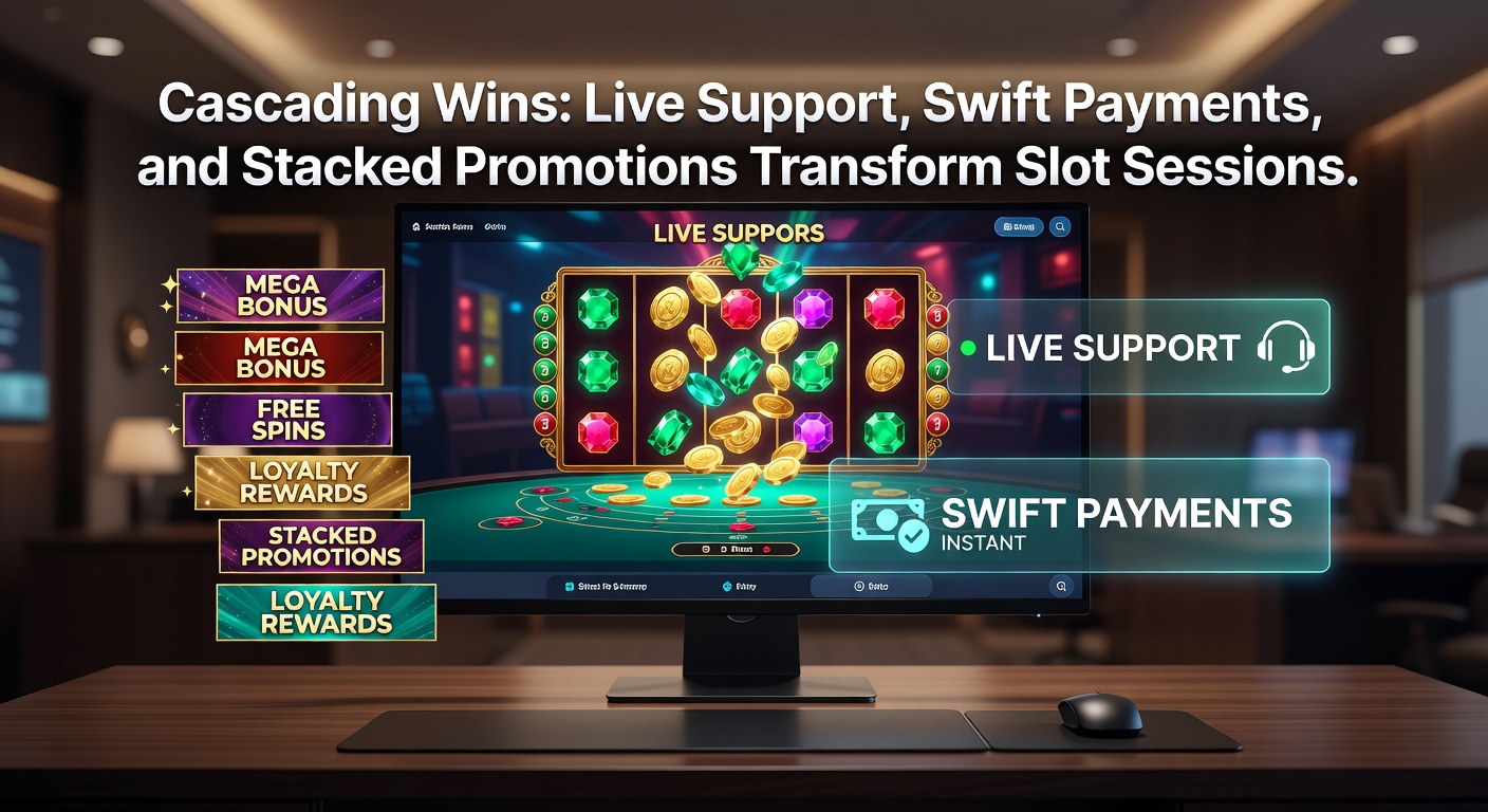 Dynamic illustration of slot cascades merging with instant payment notifications, live chat windows, and layered promotion badges stacking up rewards