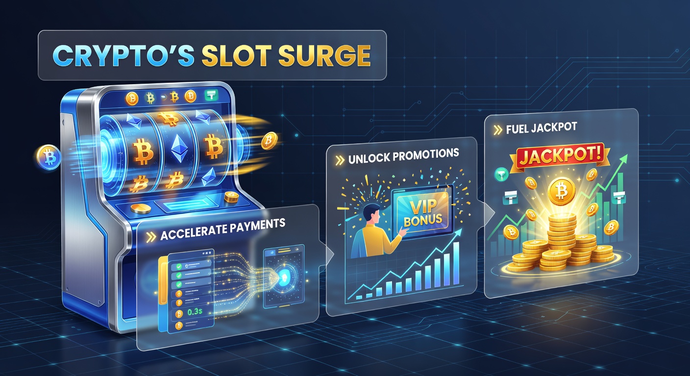 Crypto wallet interface connected to a vibrant online slot game, showing instant deposit confirmation, bonus unlocks, and rising jackpot meter