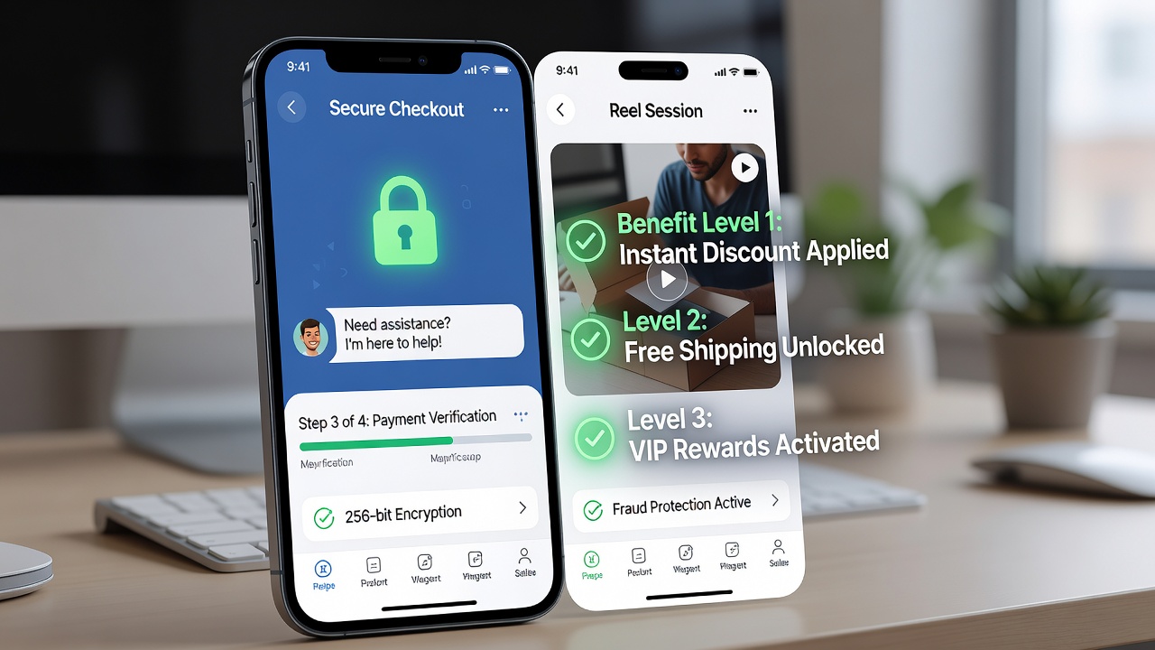 Mobile device showing integrated support chat window next to a confirmed deposit screen with reward progress indicators