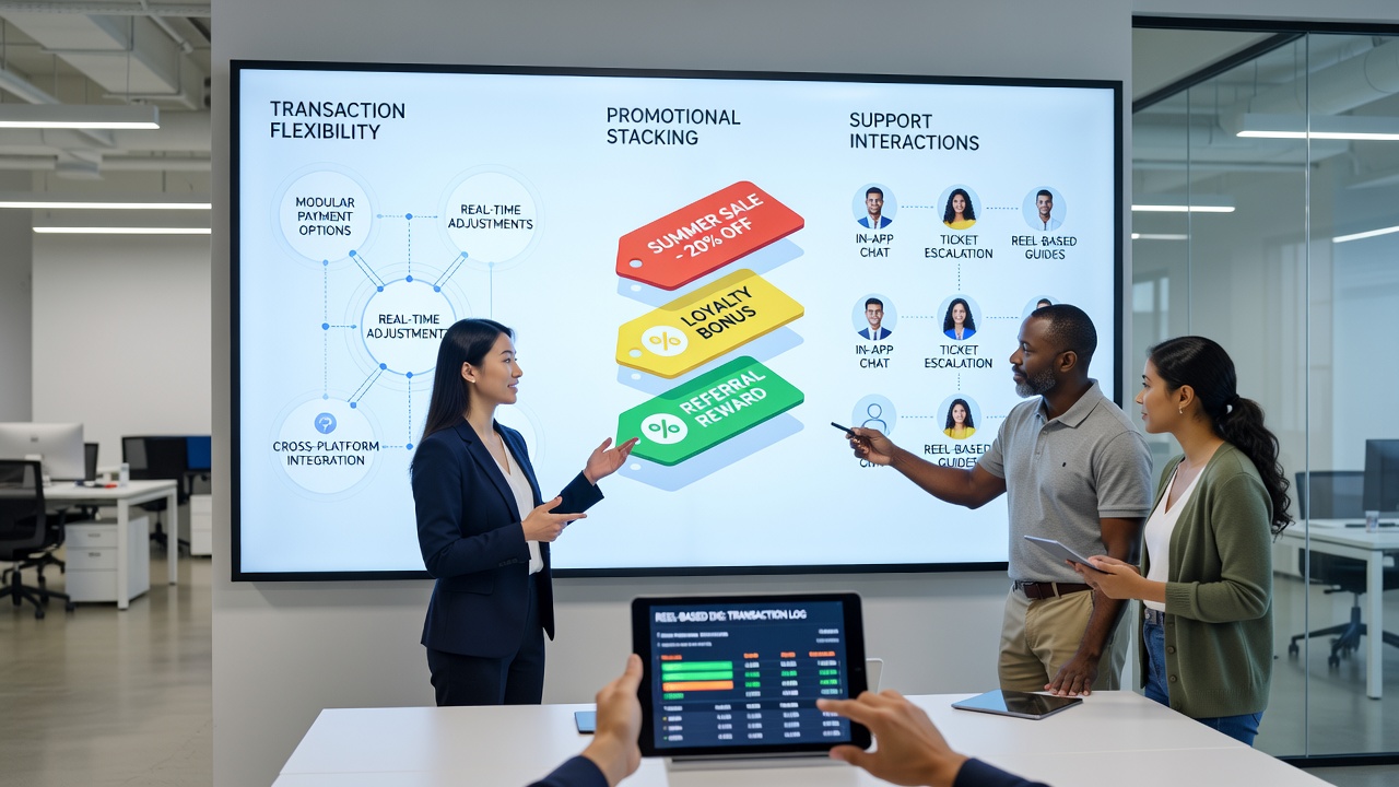 Support dashboard illustrating real-time transaction tracking alongside active promotional stacks in digital reel environments