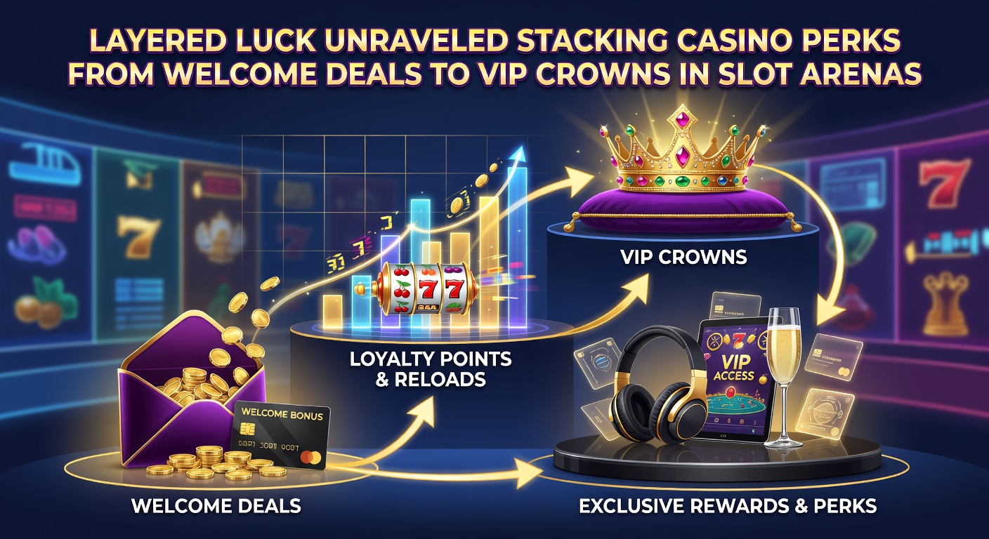 Stacked gold crowns and perk icons rising from slot reels, illustrating progression from basic bonuses to elite VIP rewards in casino loyalty systems