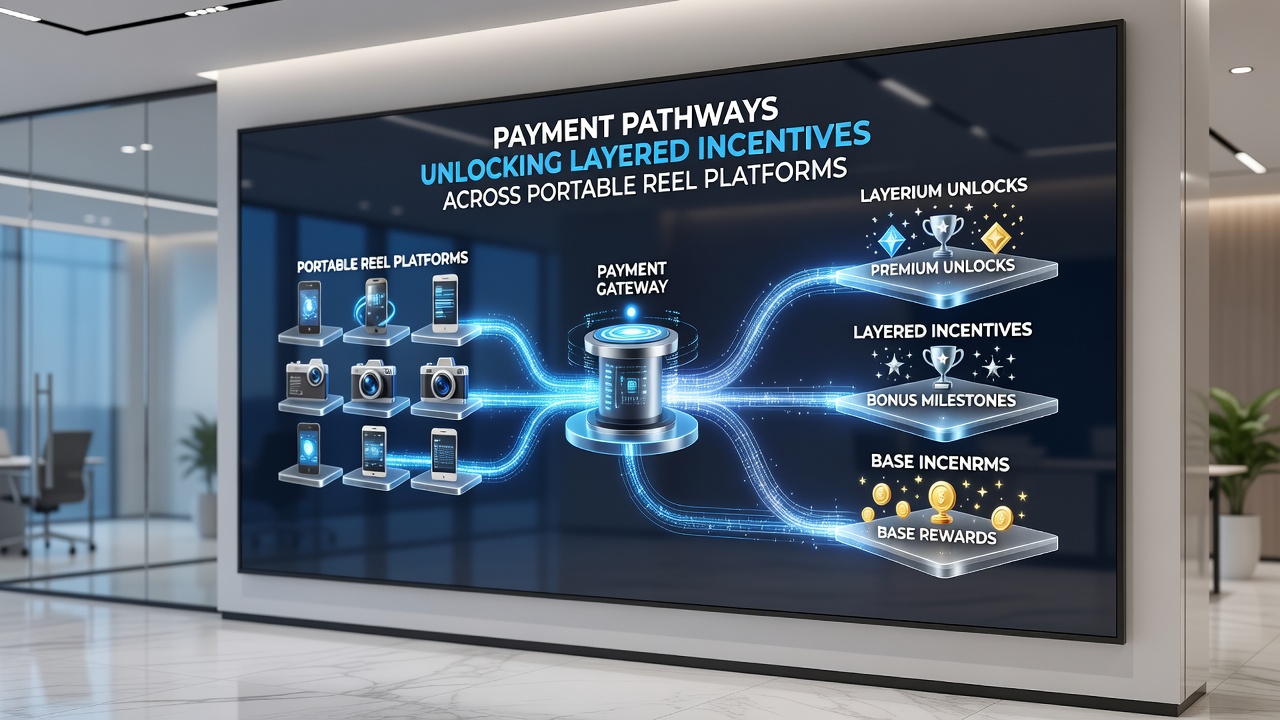 Illustration of payment gateways linking to reward tiers on mobile reel platforms